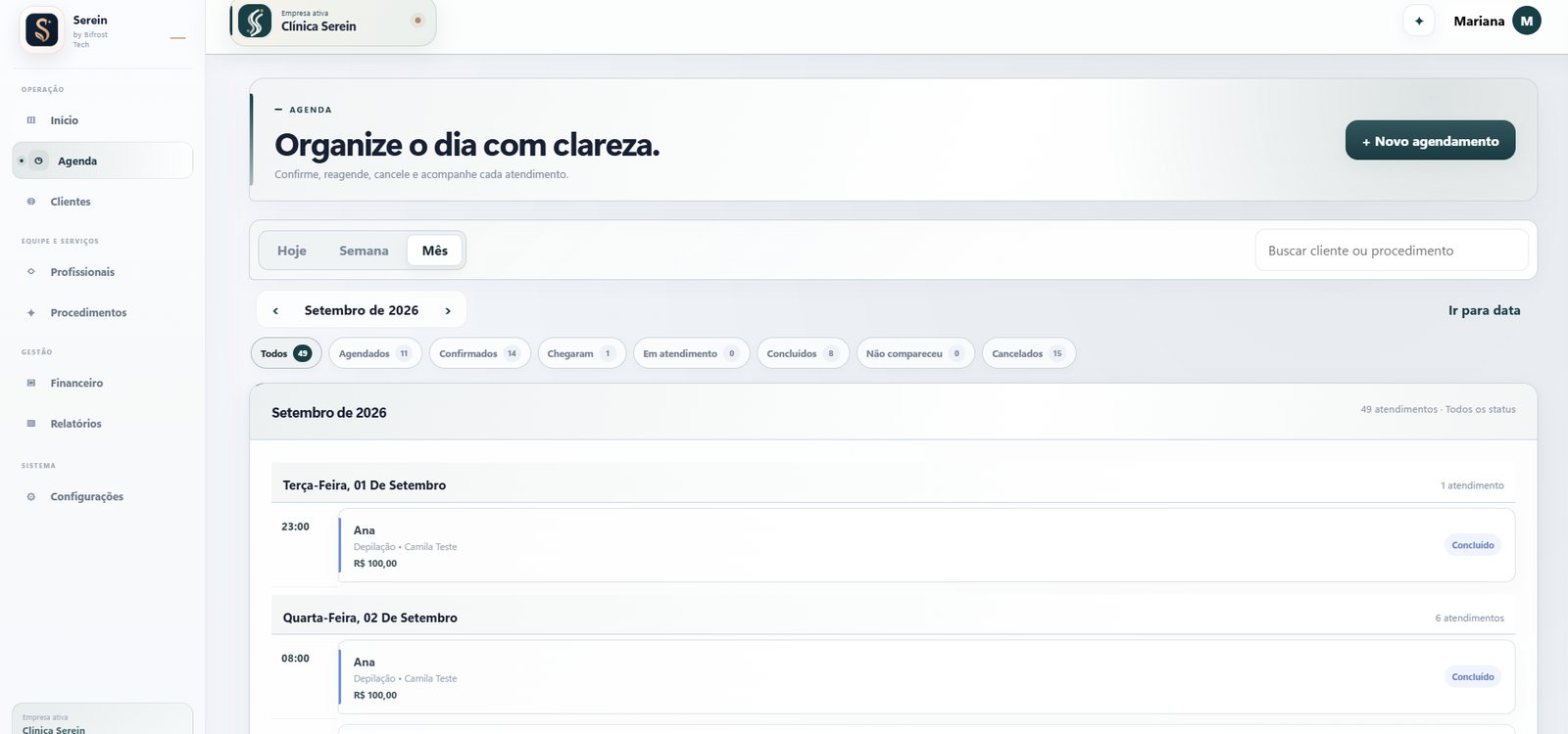 Agenda do Serein no computador
